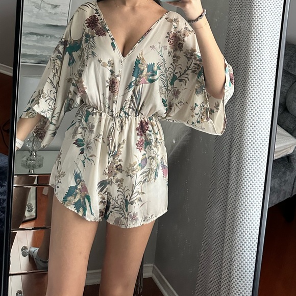 Honey Punch Floral Satin Romper - Cream - Picture 2 of 8